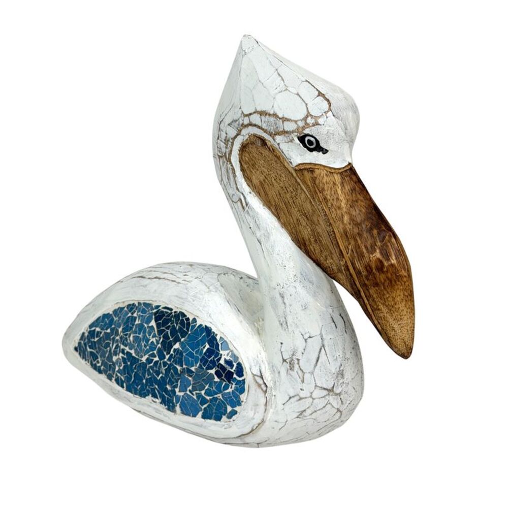 Coastal Pelican Decorative Statue Blue Mosaic Glass Wood 12.25 Inch Wide
